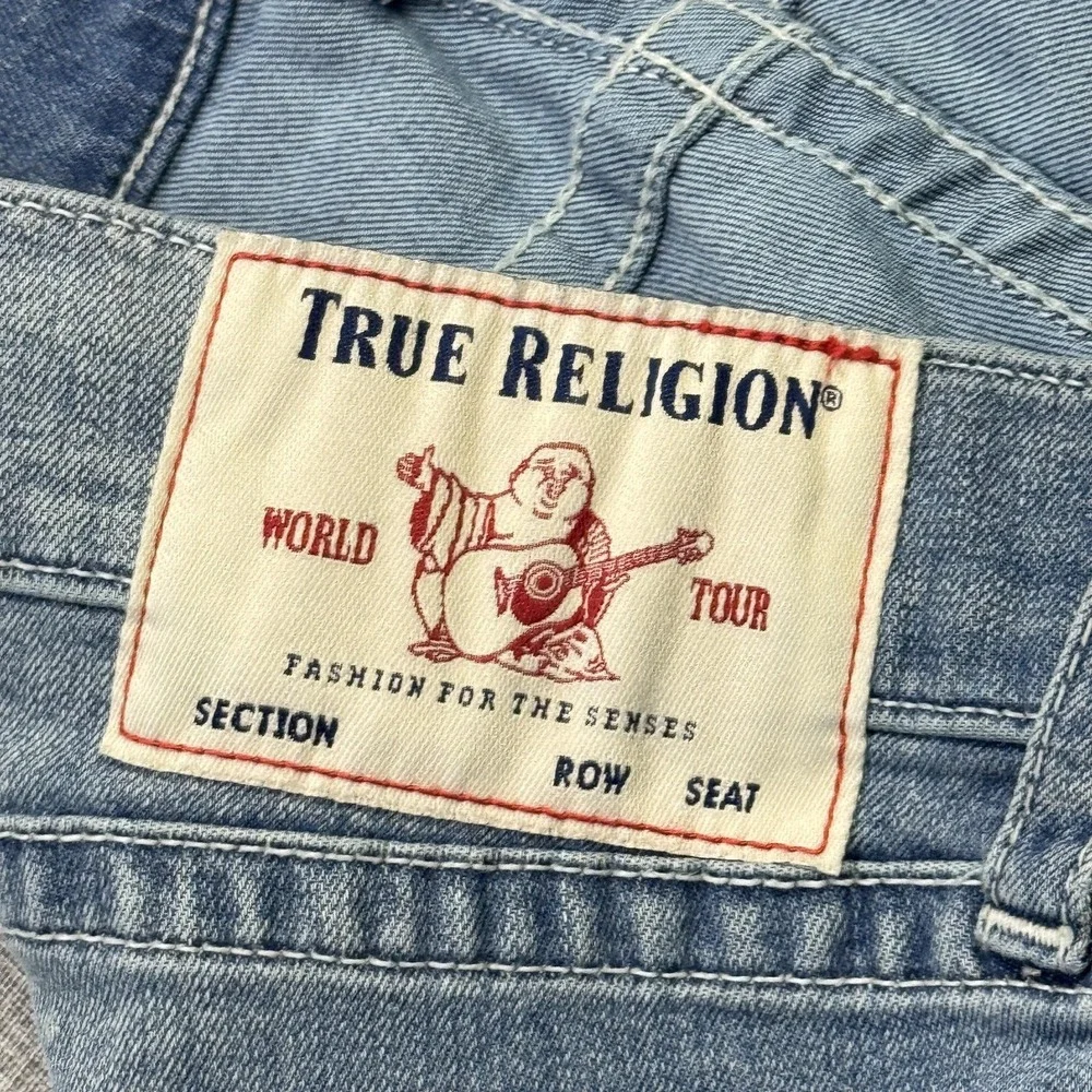 True Religion Jeans Mens 44x34 Straight‎ Blue Light Wash Denim Logo Pockets
